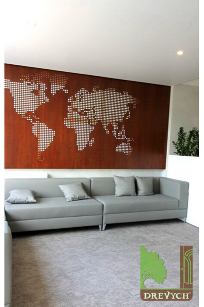 World map and wall panels in the interior